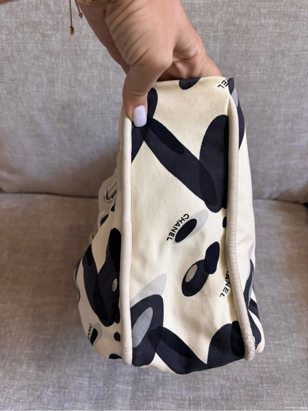 Authentic CHANEL vintage mini beige black Surfline canvas tote